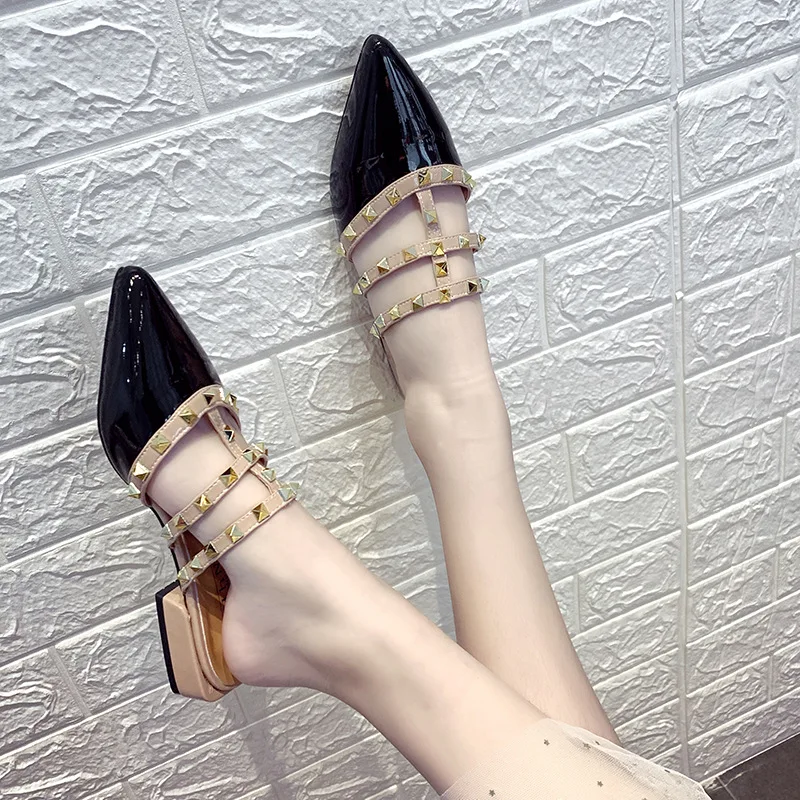 XDA Women Pointed Toe Slippers Slip on Mules Brand Designers 2019 Fashion Luxury Rivet T-strap Slides casual slipper C05 | Обувь