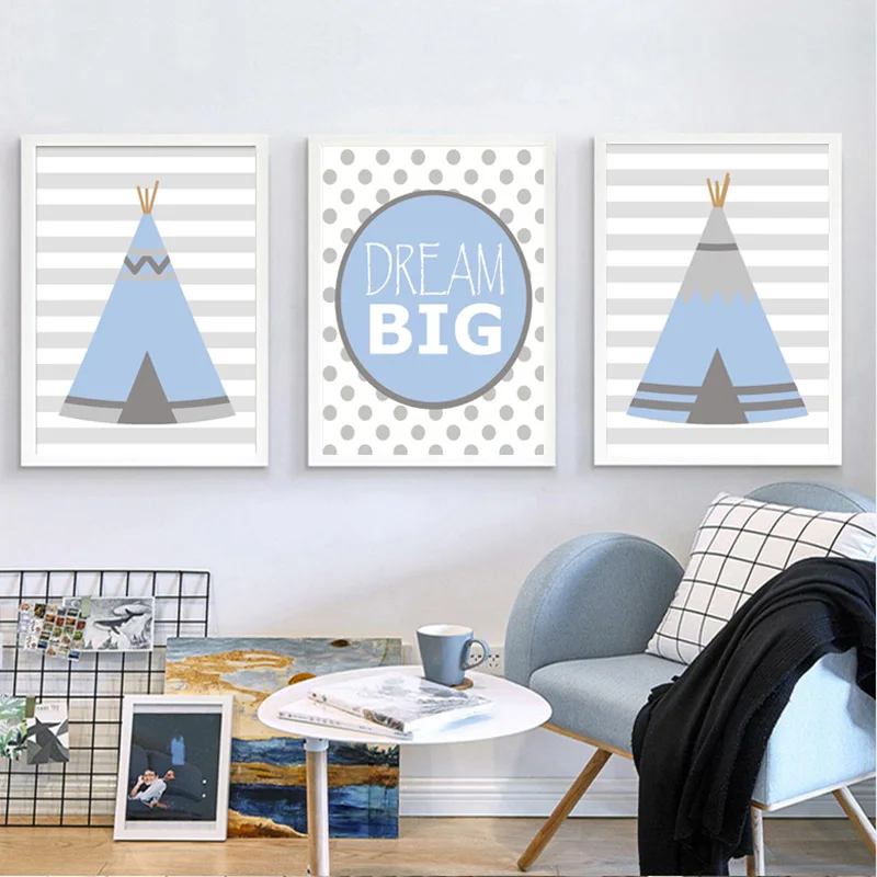 Abstract Nursery Wall Art Blue Posters and Gray Prints Dream Big Quote Canvas Tee Pee Painting Pictures for Living Room Decor
Abstract Nursery Wall Art Blue Posters and Gray Prints Dream Big Quote Canvas Tee Pee Painting Pictures for Living Room Decor