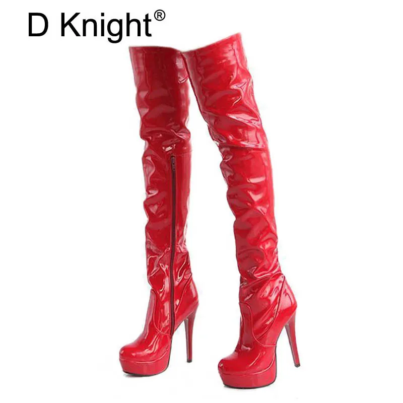 

Women High Heels Tall Boots Sexy Patent Platform High Heeled Over The Knee Boots For Women Ladies Pole Dancing Boots Size 34-43