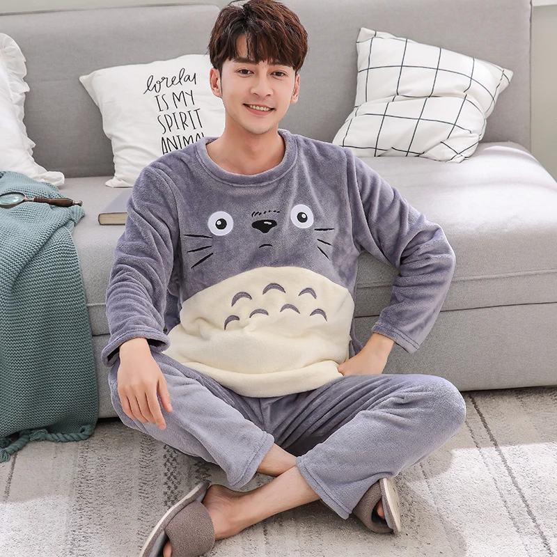 Men's Pajamas Winter Mens Flannel Pajama Sets O-Neck Long Sleeve Pyjama Men Sleepwear Male Thick Warm Coral Fleece 6852# | Мужская