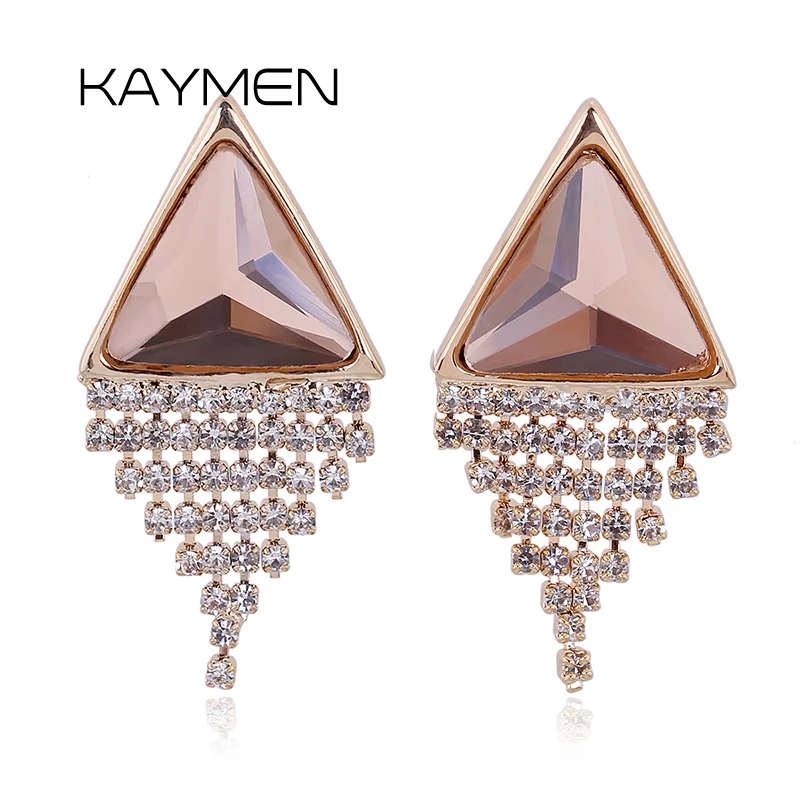 

New Arrivals Triangular Crystal and Rhinestones Tassels Statement Earrings for Women Exquisite Clip-on Eardrop Earbob Ear-ring