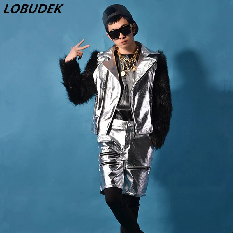 Фото Мужской костюм в стиле панк серебристая куртка из искусственной - купить