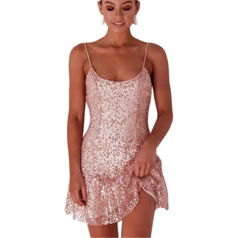 Pink pink Sequins mini cute sexy party dress Western Women's wear backless ruffled strap short Sequins voile Splicing dress
Pink pink Sequins mini cute sexy party dress Western Women's wear backless ruffled strap short Sequins voile Splicing dress