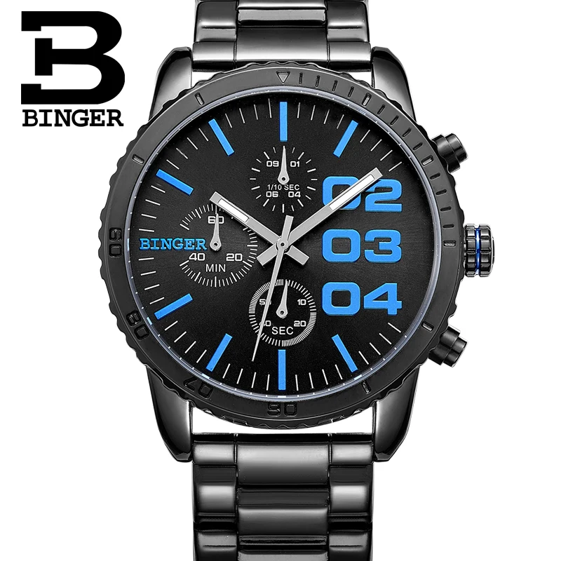 Switzerland BINGER watches men luxury brand Quartz waterproof Chronograph Stop Watch leather strap Wristwatches B9007-4 | Наручные часы