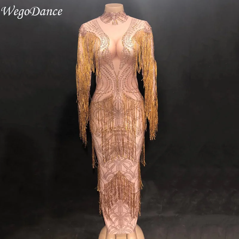

New Women Sexy Gold Tassel Long Skirt Sparkle Crystals Nightclub Birthday Party Performanc Stage Wear Singer Bling Costumes