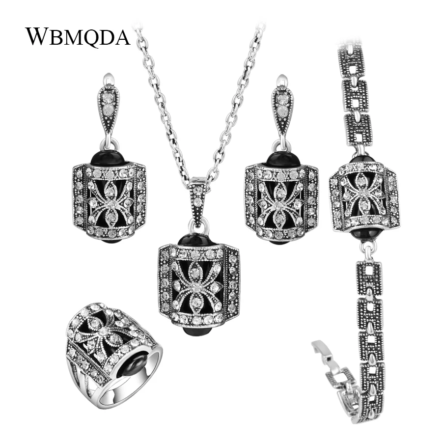 4 Pcs/lot Fashion Antique Silver Color Crystal Ring Necklace Earrings Bracelet Wedding Jewelry Sets Gifts For Women Accessories | Украшения