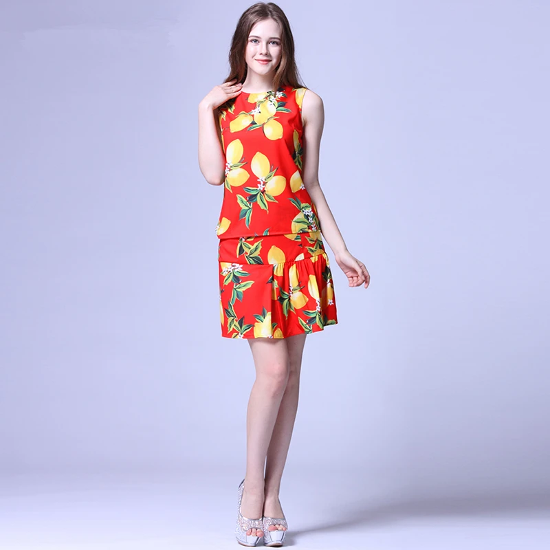 Women's New 2017 Casual Sets Summer Sleeveless Brief Lemon Print Short Tops + Slim Trumpet Mini Skirt High Street Twinsets
Women's New 2017 Casual Sets Summer Sleeveless Brief Lemon Print Short Tops + Slim Trumpet Mini Skirt High Street Twinsets