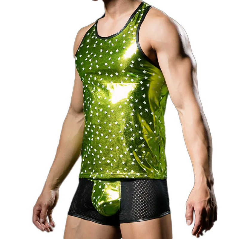 Men Summer Tank Top Shiny Leather Tank Top Male Gold Blocking Sleeveless Stars Print Tops Muscle Cut Male Tank Vest Clubwear
Men Summer Tank Top Shiny Leather Tank Top Male Gold Blocking Sleeveless Stars Print Tops Muscle Cut Male Tank Vest Clubwear