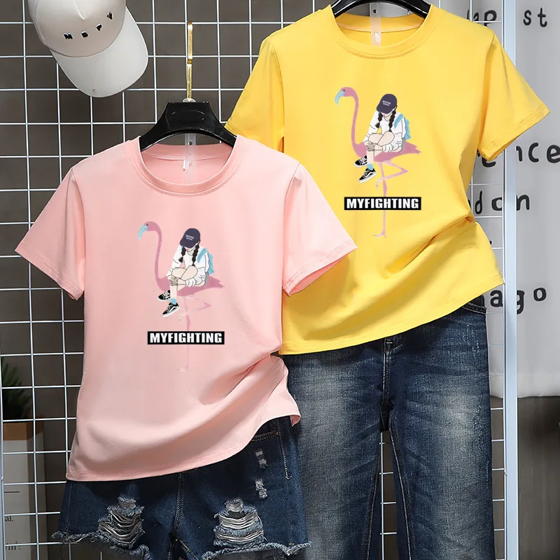 JIANWEILI футболка для женщин летние рубашка с короткими рукавами футболки 65% хлопок Фламинго принтом harajuku ulzzang