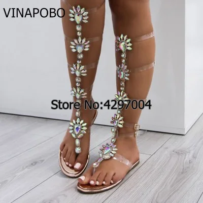 Summer Flats transparent Sandal Gladiator Gold Rhinestone Knee High Buckle Strap Woman Boots Bohemia Style Crystal Beach Shoes
Summer Flats transparent Sandal Gladiator Gold Rhinestone Knee High Buckle Strap Woman Boots Bohemia Style Crystal Beach Shoes
