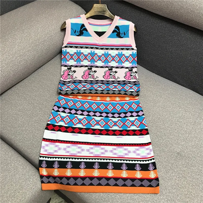 Luxury Designer Brand Women's Sets V Neck Ethnic Jacquard Cartoon Puppy Pattern Knitted Vest and Knitted Skirt 2PCS Set
Luxury Designer Brand Women's Sets V Neck Ethnic Jacquard Cartoon Puppy Pattern Knitted Vest and Knitted Skirt 2PCS Set