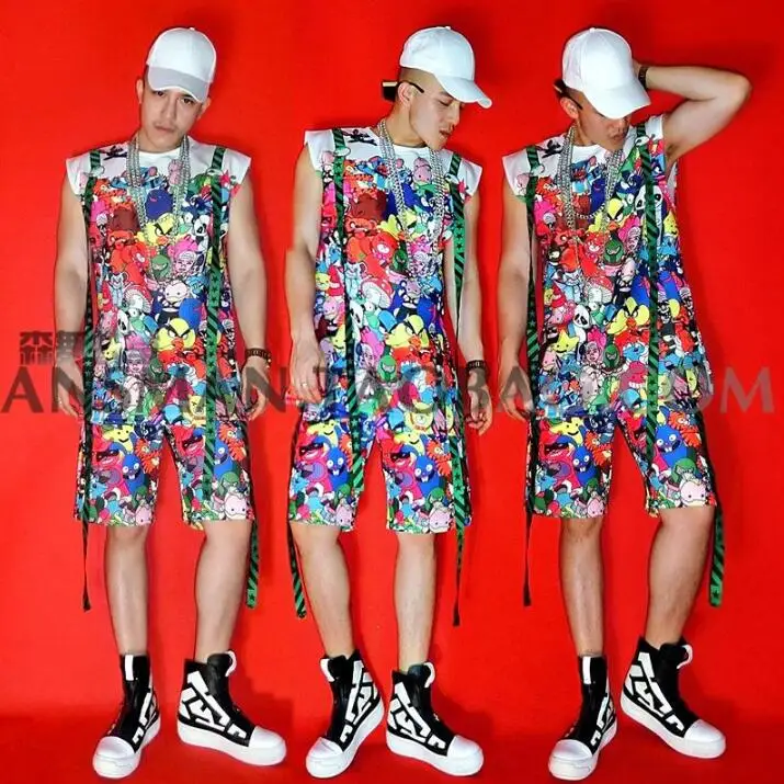 

summer chaleco pantalones moda Corea estilo hombres trajes impresos traje de baile club nocturno Bar escenario traje cantante