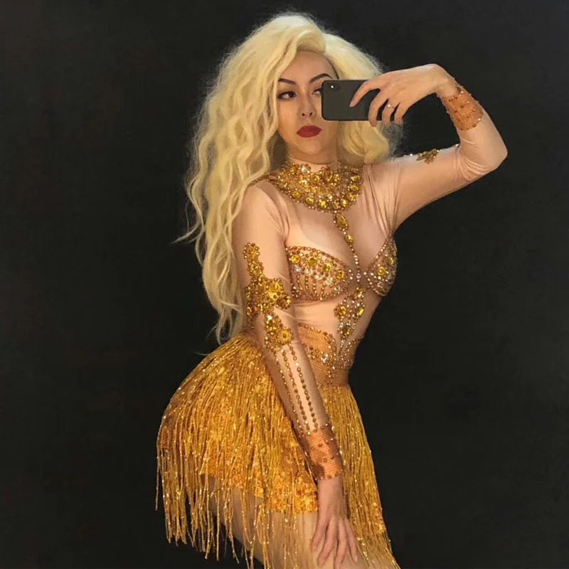 Sparkly Gold Tassel Long Sleeve Short Jumpsuit Nightclub Female Singer Host Model GoGo Dance Performance Costume Wear DJ360
Sparkly Gold Tassel Long Sleeve Short Jumpsuit Nightclub Female Singer Host Model GoGo Dance Performance Costume Wear DJ360