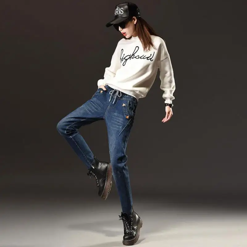 2016 женские джинсовые брюки синие джинсы с высокой талией и завязками шаровары