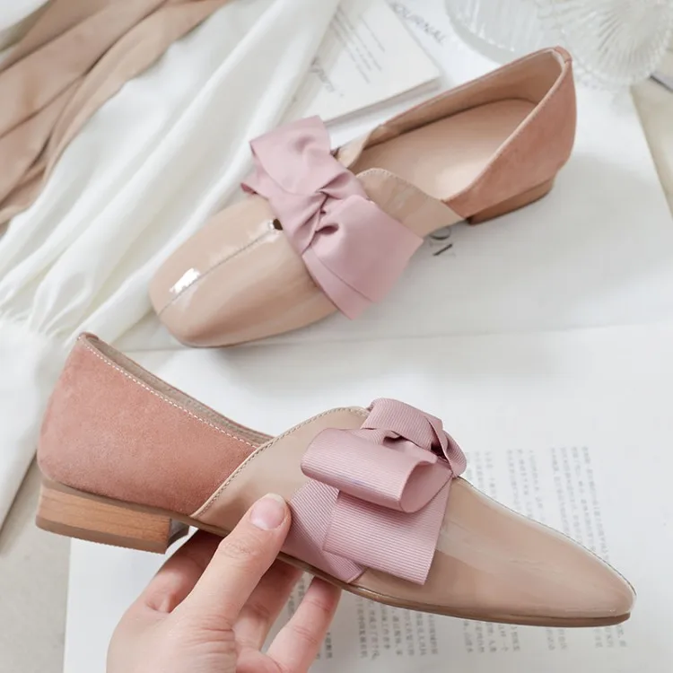 Fashion women's shoes 2019 spring slip-on butterfly-knot genuine leather pink grey bow tie loafers europeam casual brogue flats | Обувь