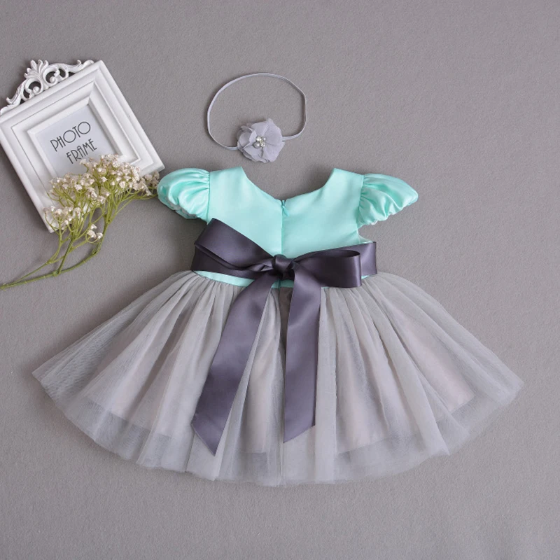 Baby Girl Tulle Dress Blue 1 Year Old Birthday with Flower Headband Ribbon Bow Lace Frocks A015 Outfits Vestidos | Детская одежда и