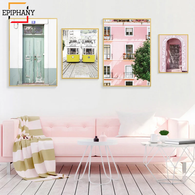 

Modern Canvas Painting Pink House Urban Art Travel Photography Pastel Wall Art Morocco Door Lisbon Trams Posters and Prints