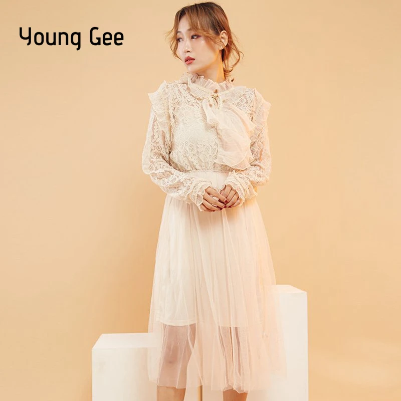 Young Gee Spring Women Floral Trimmed with Agaric Lace Dress Sweet Slim Waist Bow Neck Long Sleeve Dresses Casual robe
Young Gee Spring Women Floral Trimmed with Agaric Lace Dress Sweet Slim Waist Bow Neck Long Sleeve Dresses Casual robe
