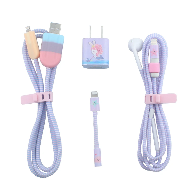 Мороженое милый мультфильм USB кабель наушники протектор набор с намоткой кабеля