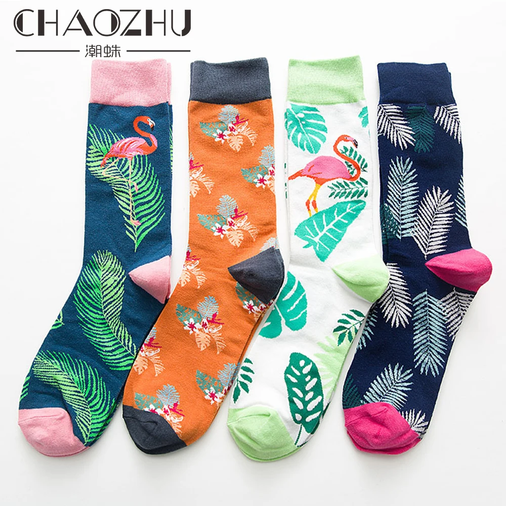 Носки CHAOZHU мужские с тропическими листьями хлопок удобные классические фламинго