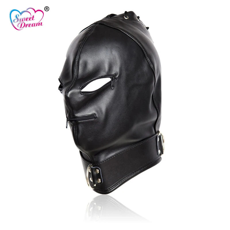 Sweet Dream Black PU Leather Masks Hoods Open Mouth Eyes Fetish Erotic Toys Role Play Adult Game Sex For Couple DW-441 | Красота и