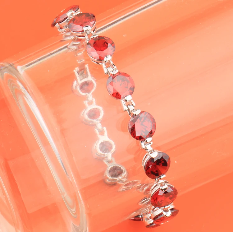 Gracious Red Garnet Silver Plated Argent Gems Link Chain Bracelet 6 7 Inch L10007