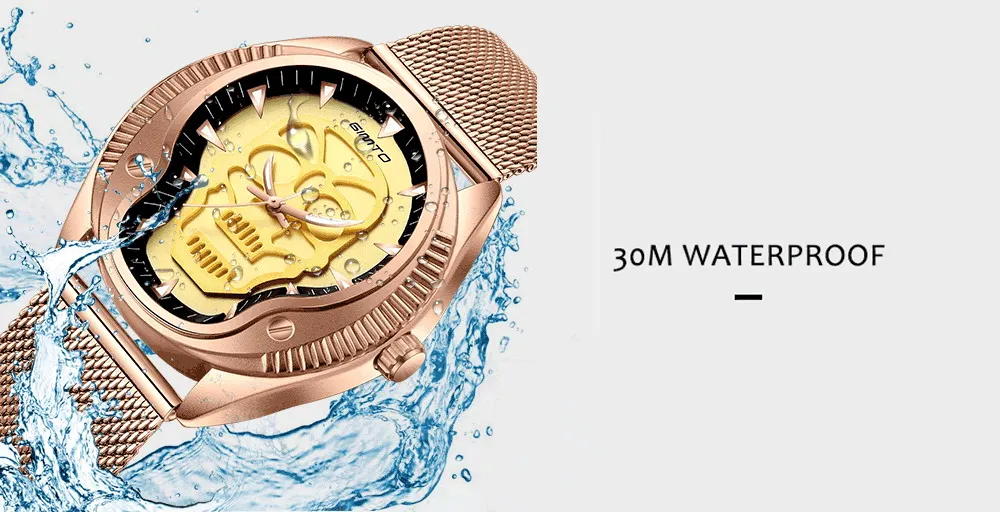 Мода уникальный череп часы Для мужчин 3D Скелет розовое золото Повседневное