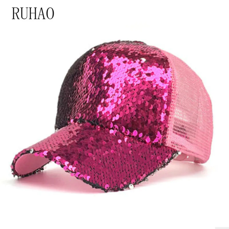 

RUHAO Black Sequins Mesh Hat Cap Adjustable Baseball Caps Summer Women Casual Snapback Sports Solid Gorras gorras para hombre