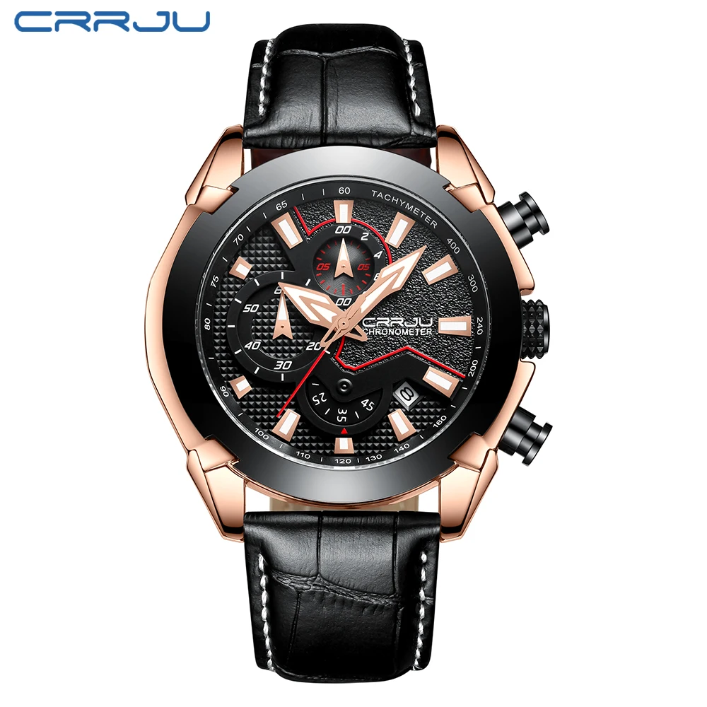 

CRRJU Men's Chronograph Quartz Watch men Luxury Date Luminous Waterproof watches Leather Strap Dress Wristswatch erkek kol saati