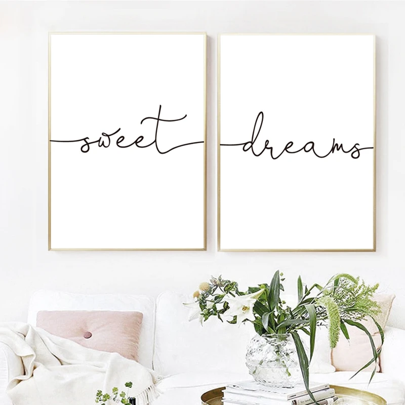 Минималистичная Картина на холсте для спальни, современный настенный Декор, черно-белая печать для спальни, печать сладких снов, каллиграфи...