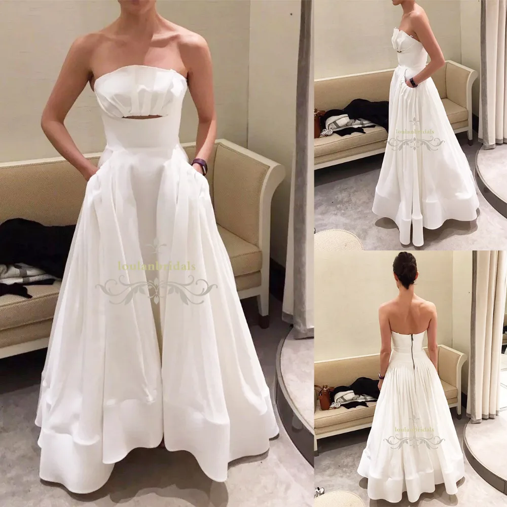 Vintage Strapless Wedding Dress Ruffled Zipper Floor Length Bride Gowns Simple Satin Wedding Dresses with Pockets robe de mariee
Vintage Strapless Wedding Dress Ruffled Zipper Floor Length Bride Gowns Simple Satin Wedding Dresses with Pockets robe de mariee