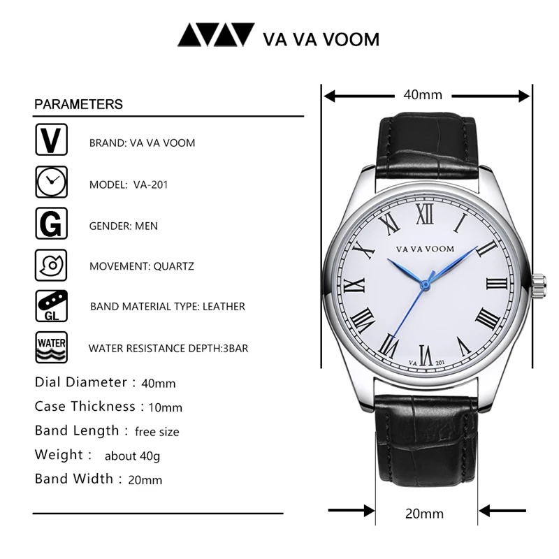 VA VA VOOM Newest Mens Watches Top Brand Luxury Watch Men Watch Waterproof Leather Roman Men's Watch Male Clock relojes VA-201
VA VA VOOM Newest Mens Watches Top Brand Luxury Watch Men Watch Waterproof Leather Roman Men's Watch Male Clock relojes VA-201