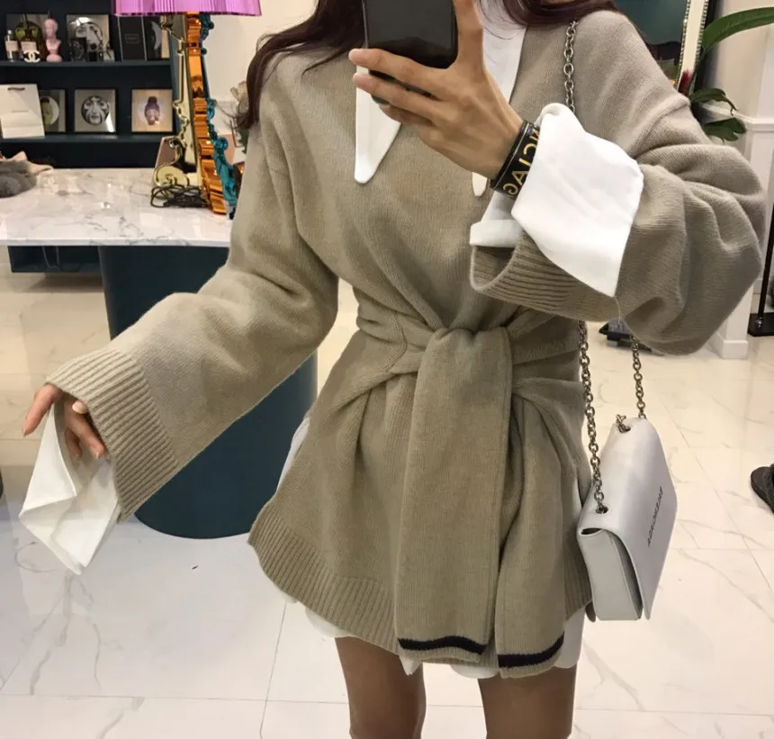 HAMALIEL Fashion Korean Two False Pieces Loose Pullovers Autumn Winter Women Solid Color Gray Bow Thick Knitted Long Sweater | Женская