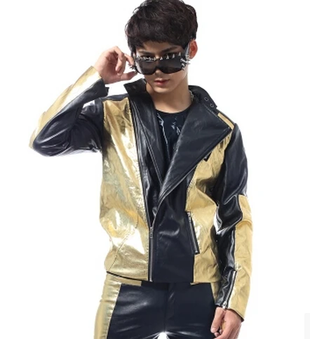 2016 Black gold Men stitching fashion tide models Bar nightclub singer dancer costume male leather jacket suit clothing sets
2016 Black gold Men stitching fashion tide models Bar nightclub singer dancer costume male leather jacket suit clothing sets