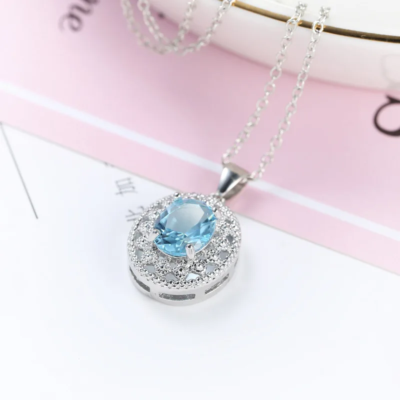 Hollow Royal Copper Necklace Wedding Jewelry Valentine's Day Sky Blue Zircon Clavicle Chain Pendant For Female Women |