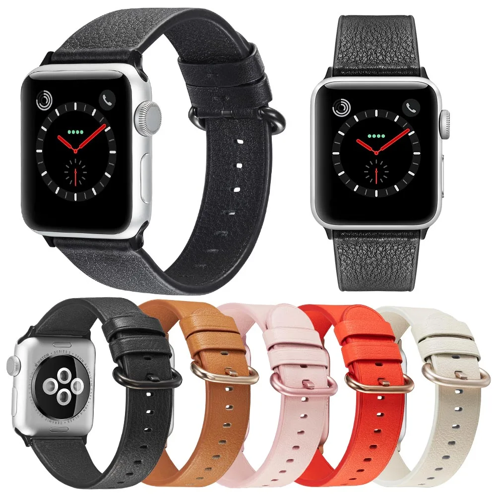 Ремешок кожаный для Apple Watch Band 38 мм 42 40 44 классический браслет с цветной пряжкой