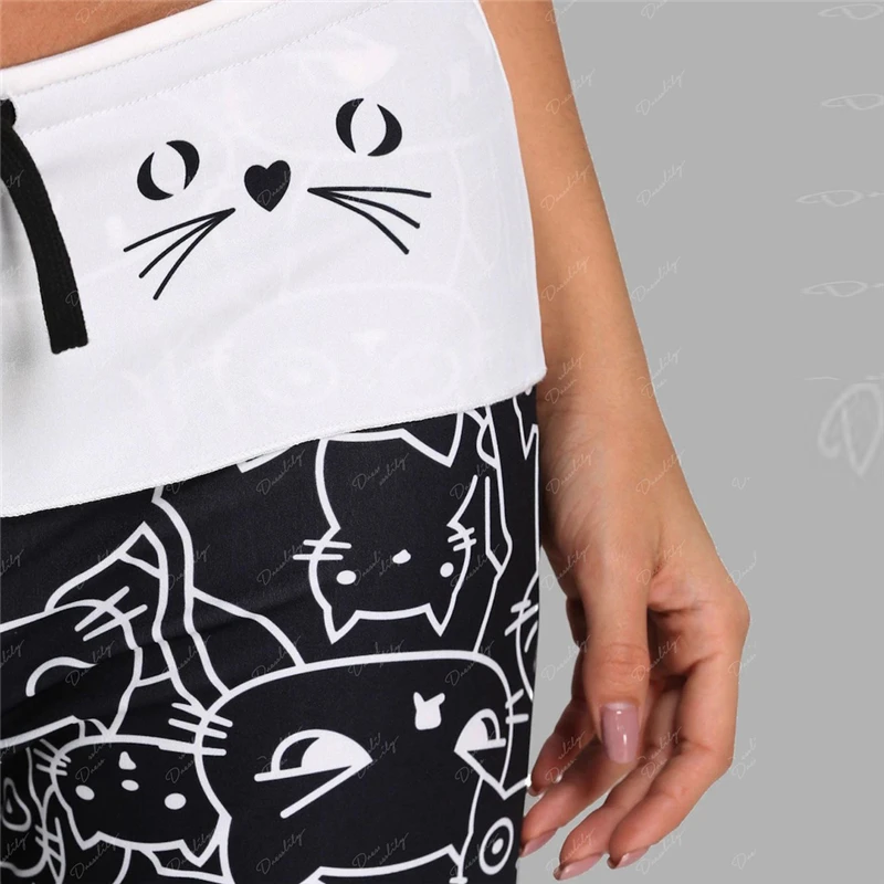 Autumn Women Black White Cat Print Wide Leg Pants Ladies High Waist Elegant Long Trousers | Женская одежда