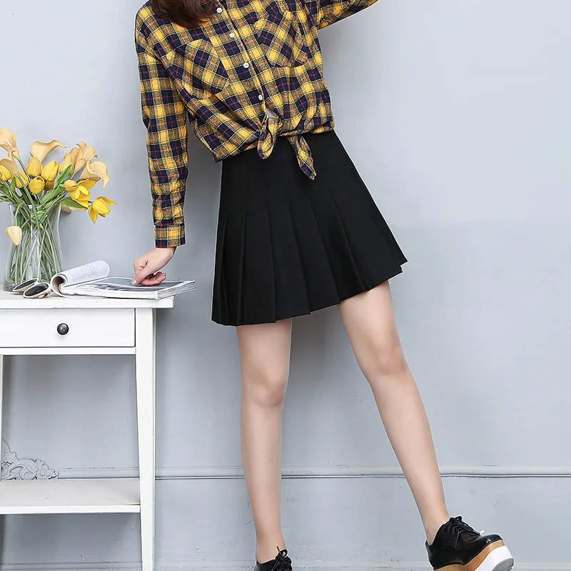 Pleated All Match Short Skirt Women's High Waist School Uniforms Mini Spring Style Fashion Women Solid Color A-line | Женская одежда