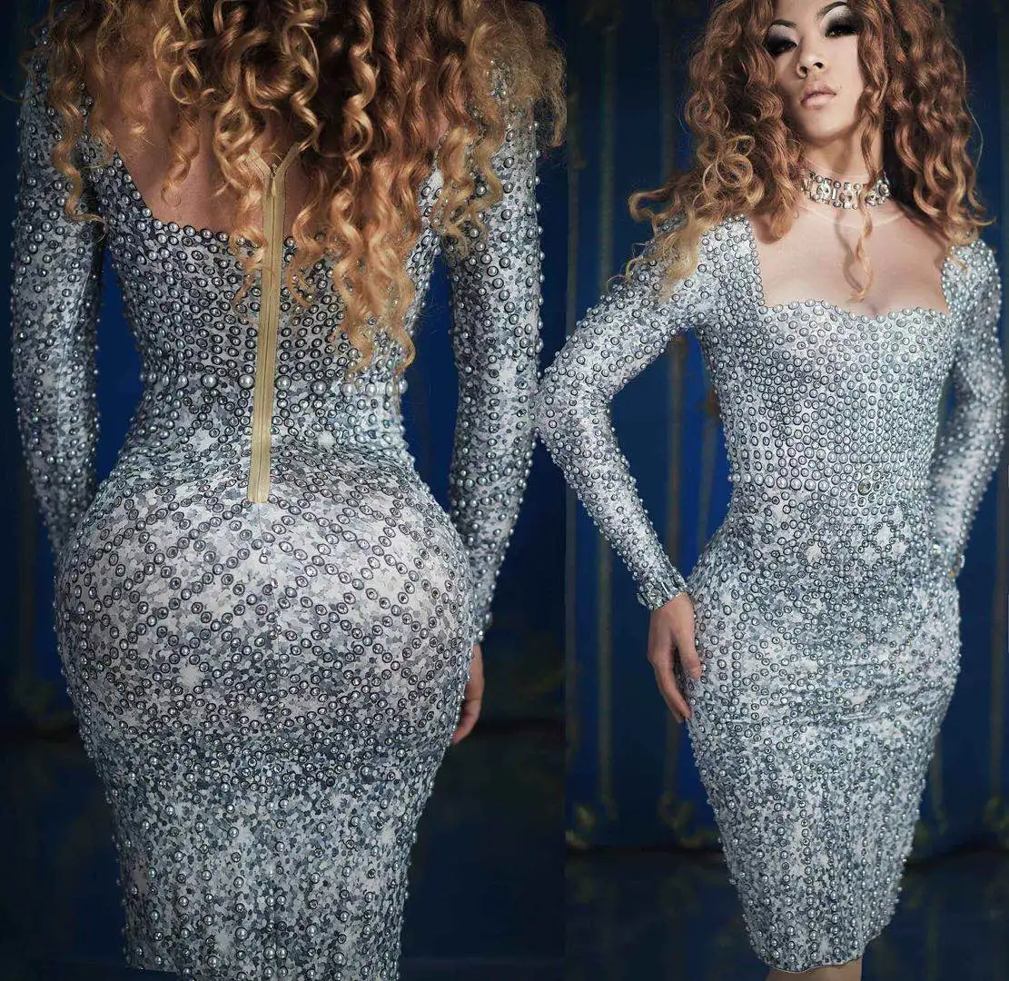 2021 New Sparkly Pearl Rhinestone Gray Sexy Dress Fashion Long Sleeves Skinny Dress Prom Stretch Singer Birthday Celebrate Dress
2021 New Sparkly Pearl Rhinestone Gray Sexy Dress Fashion Long Sleeves Skinny Dress Prom Stretch Singer Birthday Celebrate Dress