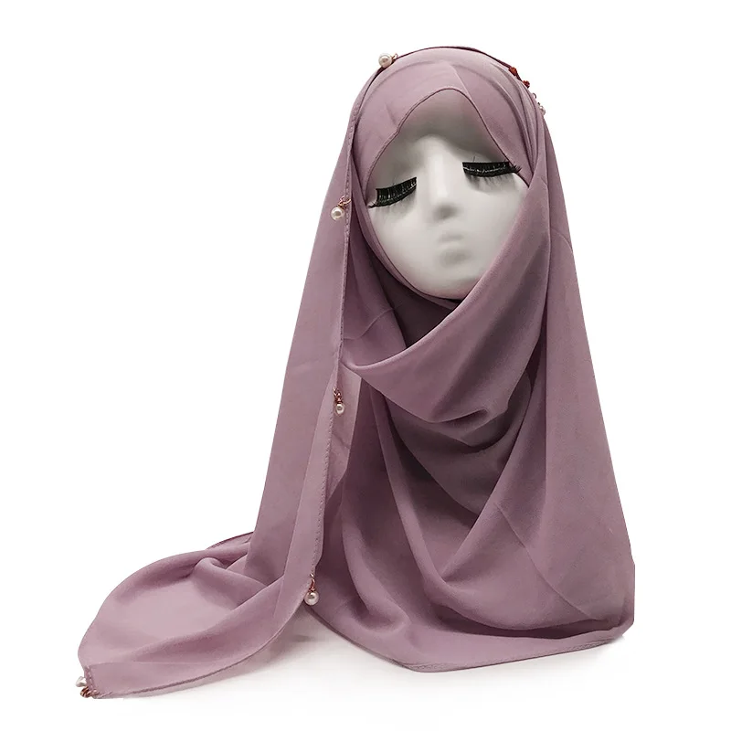 Элегантные Простые шифоновые мусульманские шарфы большой жемчужный декор