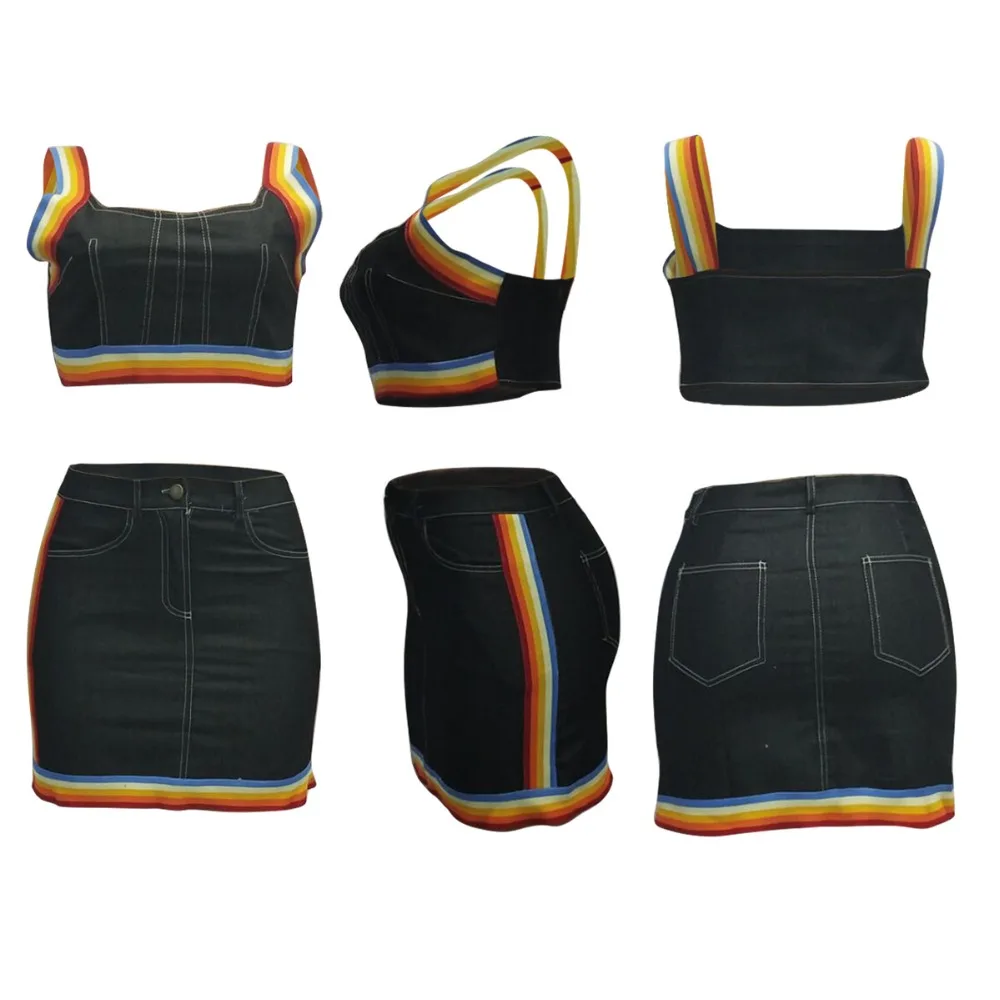 Rainbow Striped Print Women Denim Dresses Suits Tops With Mini Skirt Summer Women Dresses
Rainbow Striped Print Women Denim Dresses Suits Tops With Mini Skirt Summer Women Dresses