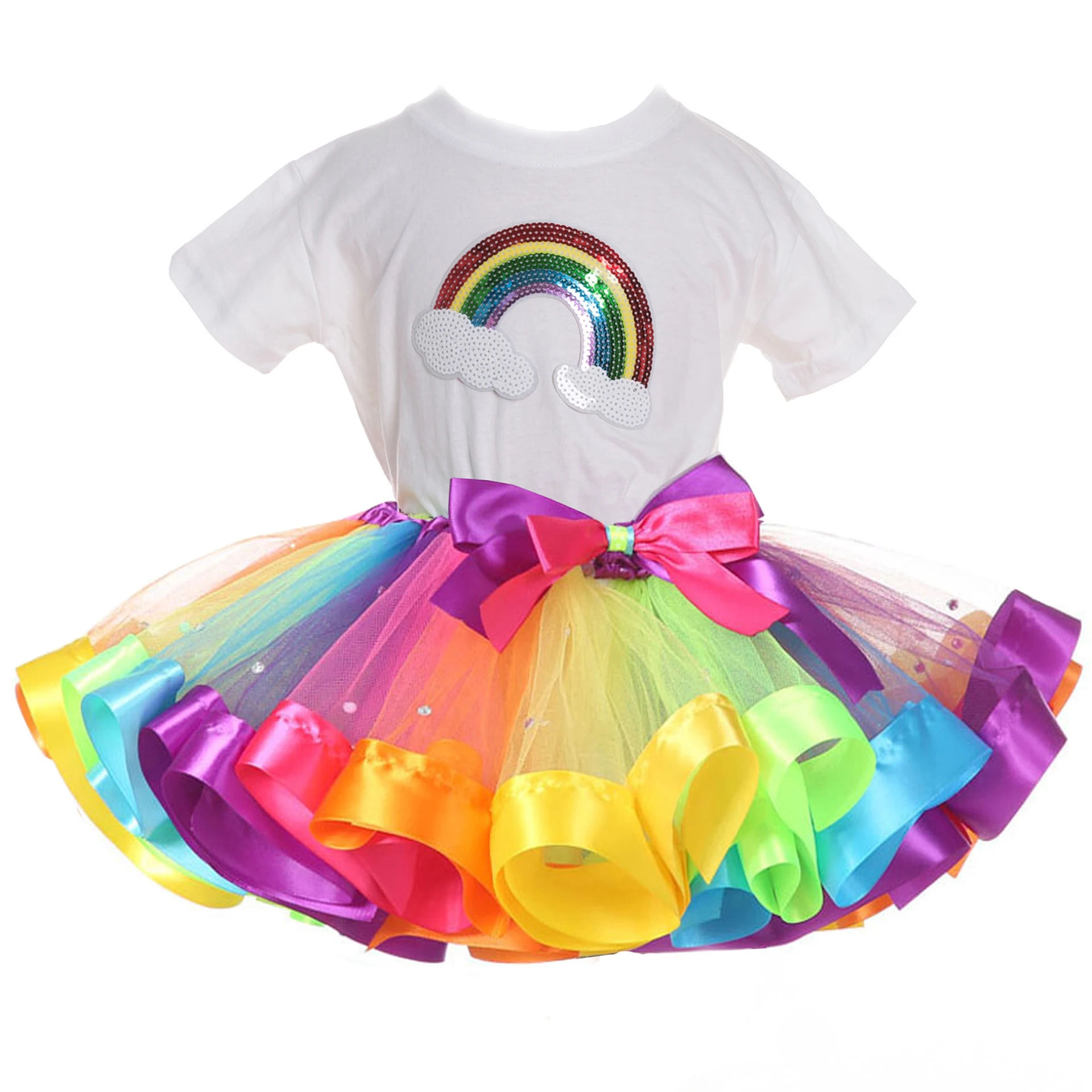 

2019 Rainbow Kids Ruffle Tulle Tutu Skirt + T Shirt Baby Princess Party Birthday Set Summer Toddler Girl Dress Sets Pettiskirt