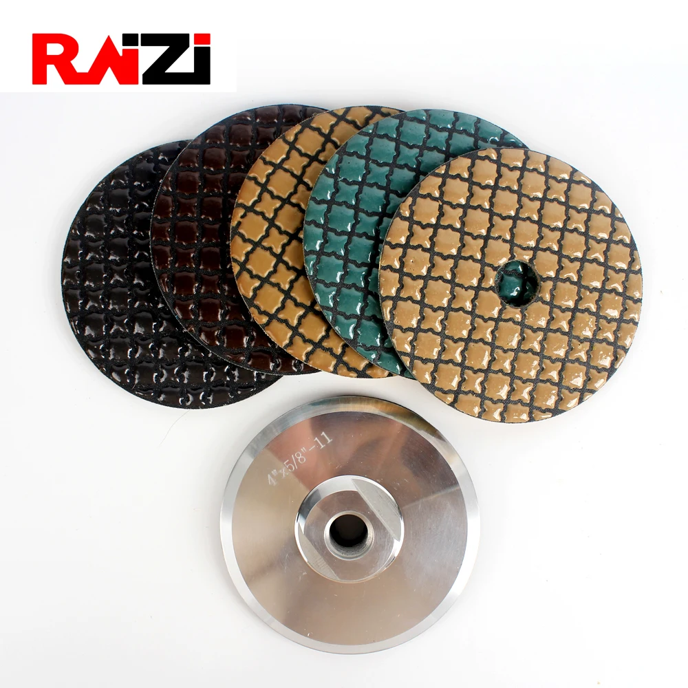 Raizi 4 inch 5 steps granite marble dry polishing pads sanding disc with 1 piece aluminum backer pads
Raizi 4 inch 5 steps granite marble dry polishing pads sanding disc with 1 piece aluminum backer pads