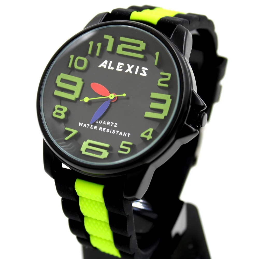 Alexis Analog Quartz Round Black Watch Japan Movement Green Soft Silicone Strap Black Dial Water Resistant
Alexis Analog Quartz Round Black Watch Japan Movement Green Soft Silicone Strap Black Dial Water Resistant