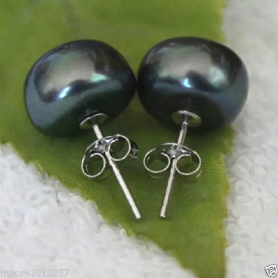 Genuine 8-9mm black Freshwater Cultured Pearl Silver Stud Earrings