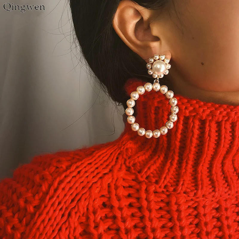 Модные круглые серьги-подвески Qingwen с кристаллами для женщин модные жемчужные