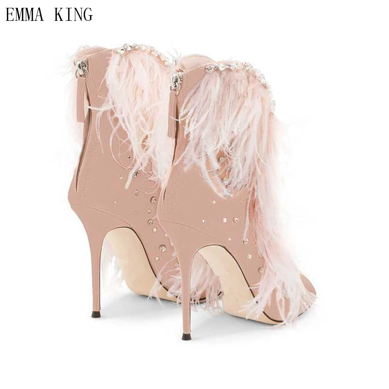 EMMA KING Sexy Feathers Embellished Stiletto Thin High Heels Dress Shoes Woman Luxury Crystal Open Toe Lace Up Sandals Boots | Обувь