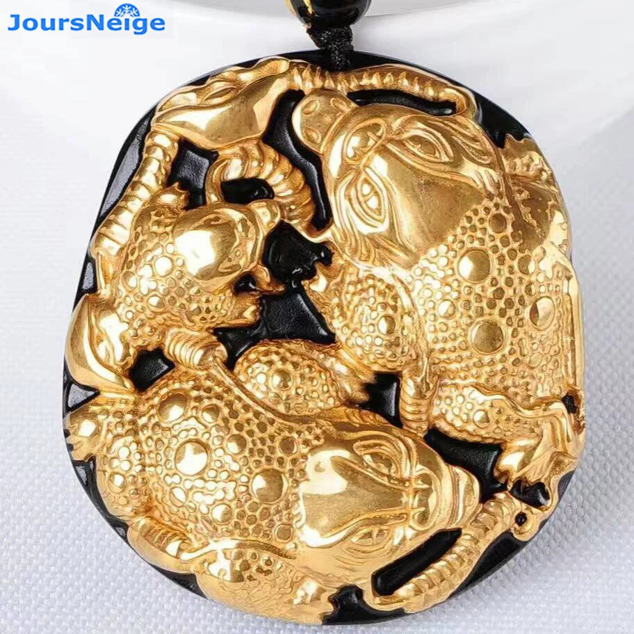 

Gold Natural Black Obsidian Carving Gold toad Lucky Amulet Pendant For Women Men pendants Fashion Jewelry Wholesale JoursNeige