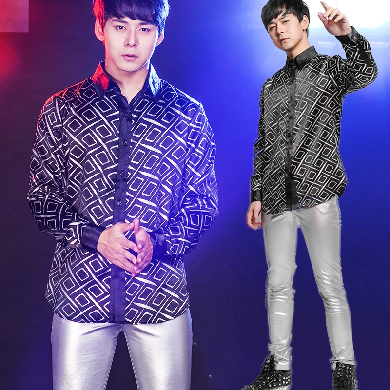 Nightclub Male Stage Costumes For Singers Fashion Long Sleeve Printed Shirt Silver Pants Dj Ds Men Performance Clothing DNV11061
Nightclub Male Stage Costumes For Singers Fashion Long Sleeve Printed Shirt Silver Pants Dj Ds Men Performance Clothing DNV11061