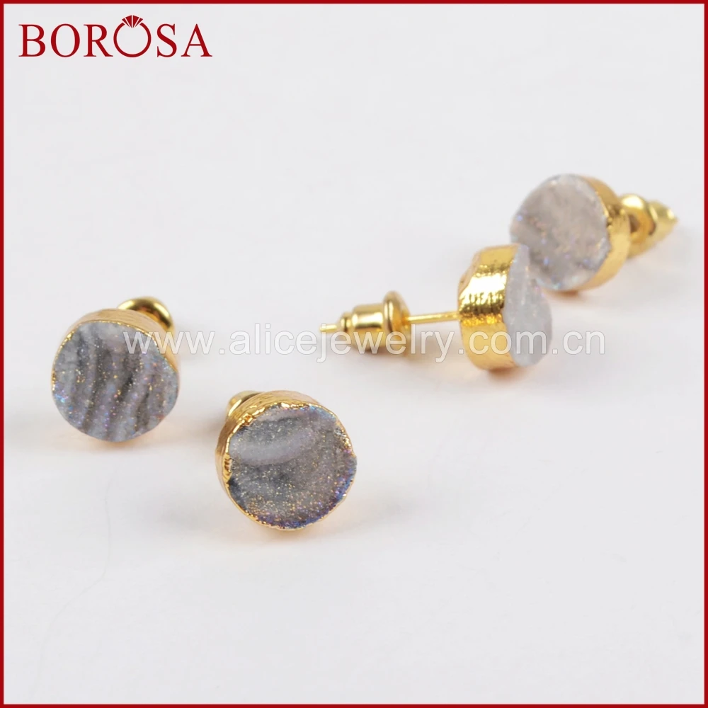 Круглые серьги-гвоздики BOROSA G1379 золотого цвета из титана AB Galaxy Druzy Quartz модные с
